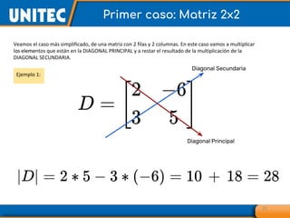 21
Primer caso: Matriz 2x2
Veamos el caso más simplificado, de una matriz con 2 filas y 2 columnas. En este caso vamos a multiplicar
los elementos que están en la DIAGONAL PRINCIPAL y a restar el resultado de la multiplicación de la
DIAGONAL SECUNDARIA.
Ejemplo 1:
Diagonal Principal
Diagonal Secundaria
 