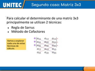 Para calcular el determinante de una matriz 3x3
principalmente se utilizan 2 técnicas:
● Regla de Sarrus
● Método de Cofactores
22
Segundo caso: Matriz 3x3
Vamos a explorar
cada una de estas
técnicas de
cálculo.
 