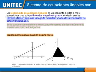 Un sistema de ecuaciones lineales es un conjunto de dos o más
ecuaciones que son polinomios de primer grado, es decir, en sus
términos tienen solo una incógnita (variable) y todos los exponentes de
estas variables es 1.
Se le conoce como sistema nxn cuando tenemos el mismo número de
ecuaciones que de incógnitas.
Gráﬁcamente cada ecuación es una recta.
32
Sistema de ecuaciones lineales nxn
 