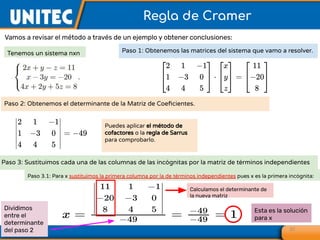 37
Regla de Cramer
Vamos a revisar el método a través de un ejemplo y obtener conclusiones:
Paso 1: Obtenemos las matrices del sistema que vamo a resolver.
Paso 2: Obtenemos el determinante de la Matriz de Coeﬁcientes.
Tenemos un sistema nxn
Puedes aplicar el método de
cofactores o la regla de Sarrus
para comprobarlo.
Paso 3: Sustituimos cada una de las columnas de las incógnitas por la matriz de términos independientes
Paso 3.1: Para x sustituimos la primera columna por la de términos independientes pues x es la primera incógnita:
Calculamos el determinante de
la nueva matriz
Esta es la solución
para x
Dividimos
entre el
determinante
del paso 2
 