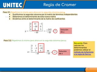 38
Regla de Cramer
Paso 3.1: Repetimos lo mismo pero ahora en la segunda columna para y.
● Sustituimos la segunda columna por la matriz de términos independientes
● Obtenemos el determinante de esta nueva matriz
● Dividimos entre el determinante de la matriz de coeﬁcientes
Paso 3.2: Repetimos lo mismo pero ahora en la segunda columna para z.
z=
Recuerda: Para
calcular los
determinantes
podemos utilizar el
método de Cofactores
o la regla de Sarrus.
Solución
de y
Solución
de z
 