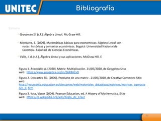 Bibliografía
41
• Grossman, S. (s.f.). Álgebra Lineal. Mc Graw Hill.
• Monsalve, S. (2009). Matemáticas básicas para economistas: Álgebra Lineal con
notas históricas y contextos económicos. Bogotá: Universidad Nacional de
Colombia. Facultad de Ciencias Económicas.
• Valle, J. d. (s.f.). Álgebra Lineal y sus aplicaciones. McGraw Hill. E
Figura 1. Avendaño A. (2020). Matriz: Multiplicación. 21/05/2020, de Geogebra Sitio
web: https://www.geogebra.org/m/S6R8A2xD
Figura 2. Descartes 3D. (2006). Producto de una matriz . 21/05/2020, de Creative Commons Sitio
web:
http://recursostic.educacion.es/descartes/web/materiales_didacticos/matrices/matrices_operacio
nes_II. htm
Figura 3. Katz, Victor (2004). Pearson Education, ed. A History of Mathematics. Sitio
web: https://es.wikipedia.org/wiki/Regla_de_Craer
 