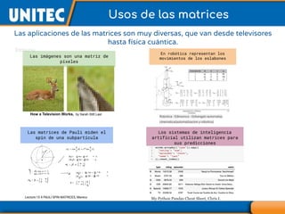 Usos de las matrices
Las aplicaciones de las matrices son muy diversas, que van desde televisores
hasta física cuántica.
Las imágenes son una matriz de
píxeles
Robotica - Edinsoncs - Ockangplc-automatas
cinematica(automatizacion y robotica)
En robótica representan los
movimientos de los eslabones
How a Television Works, by Sarah.Stitt Last
Las matrices de Pauli miden el
spin de una subpartícula
Lecture 15 4 PAULI SPIN MATRICES, Mareco
Los sistemas de inteligencia
artificial utilizan matrices para
sus predicciones
My Python Pandas Cheat Sheet, Chris I.
 