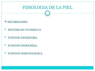 FISIOLOGIA DE LA PIEL
 METABOLISMO:
 SINTESIS DE VITAMINA D.
 FUNCION EXCRETORA.
 FUNCION ENDOCRINA.
 FUNCION INMUNOLOGICA.
 