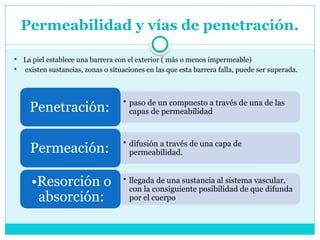 Permeabilidad y vías de penetración.
 La piel establece una barrera con el exterior ( más o menos impermeable)
 existen sustancias, zonas o situaciones en las que esta barrera falla, puede ser superada.
• paso de un compuesto a través de una de las
capas de permeabilidad
Penetración:
• difusión a través de una capa de
permeabilidad.
Permeación:
• llegada de una sustancia al sistema vascular,
con la consiguiente posibilidad de que difunda
por el cuerpo
•Resorción o
absorción:
 