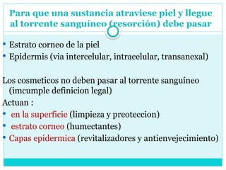 Para que una sustancia atraviese piel y llegue
al torrente sanguíneo (resorción) debe pasar
 Estrato corneo de la piel
 Epidermis (via intercelular, intracelular, transanexal)
Los cosmeticos no deben pasar al torrente sanguíneo
(imcumple definicion legal)
Actuan :
 en la superficie (limpieza y preoteccion)
 estrato corneo (humectantes)
 Capas epidermica (revitalizadores y antienvejecimiento)
 