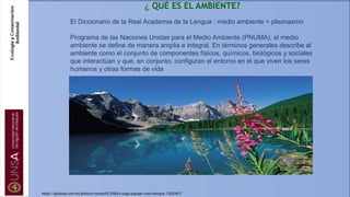 ¿ QUÉ ES EL AMBIENTE?
https://pixabay.com/es/photos/monta%C3%B1a-taiga-paisaje-rusia-bosque-7262967/
El Diccionario de la Real Academia de la Lengua : medio ambiente = pleonasmo
Programa de las Naciones Unidas para el Medio Ambiente (PNUMA), el medio
ambiente se define de manera amplia e integral. En términos generales describe al
ambiente como el conjunto de componentes físicos, químicos, biológicos y sociales
que interactúan y que, en conjunto, configuran el entorno en el que viven los seres
humanos y otras formas de vida
 