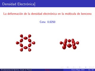 Densidad Electrónica]
La deformación de la densidad electrónica en la molécula de benceno
Cota: 0.0250
(Fundamentos de Quı́mica, Grado en Fı́sica) Enlace Enero–Mayo, 2024 52 / 63
 