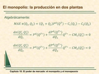 Capítulo 10: El poder de mercado: el monopolio y el monopsonio
Algebráicamente:
𝑀𝑀𝑀𝑀𝑀𝑀 𝜋𝜋 𝑄𝑄1, 𝑄𝑄2 = 𝑄𝑄1 + 𝑄𝑄2 𝑃𝑃𝑑𝑑 𝑄𝑄𝑇𝑇 − 𝐶𝐶1 𝑄𝑄1 − 𝐶𝐶2 𝑄𝑄2
𝑑𝑑𝜋𝜋 𝑄𝑄1
∗
, 𝑄𝑄2
∗
𝑑𝑑𝑄𝑄1
= 𝑃𝑃𝑑𝑑 𝑄𝑄𝑇𝑇∗ +
𝑑𝑑𝑃𝑃𝑑𝑑 𝑄𝑄𝑇𝑇∗
𝑑𝑑𝑄𝑄1
𝑄𝑄𝑇𝑇∗ − 𝐶𝐶𝐶𝐶1 𝑄𝑄1
∗
= 0
𝑑𝑑𝜋𝜋 𝑄𝑄1
∗
, 𝑄𝑄2
∗
𝑑𝑑𝑄𝑄2
= 𝑃𝑃𝑑𝑑 𝑄𝑄𝑇𝑇∗ +
𝑑𝑑𝑃𝑃𝑑𝑑
𝑄𝑄𝑇𝑇∗
𝑑𝑑𝑄𝑄2
𝑄𝑄𝑇𝑇∗ − 𝐶𝐶𝐶𝐶2 𝑄𝑄2
∗
= 0
El monopolio: la producción en dos plantas
 