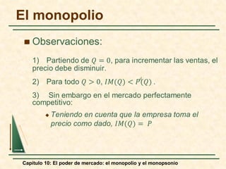 Capítulo 10: El poder de mercado: el monopolio y el monopsonio

El monopolio
𝑑𝑑
 