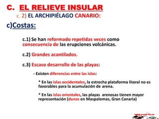 C. EL RELIEVE INSULAR
C. 2) EL ARCHIPIÉLAGO CANARIO:
c)Costas:
c.1) Se han reformado repetidas veces como
consecuencia de las erupciones volcánicas.
c.2) Grandes acantilados.
c.3) Escaso desarrollo de las playas:
- Existen diferencias entre las islas:
* En las islas occidentales, la estrecha plataforma litoral no es
favorables para la acumulación de arena.
* En las islas orientales, las playas arenosas tienen mayor
representación (dunas en Maspalomas, Gran Canaria)
MARIO VICEDO PELLÍN100
 