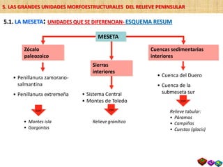 MESETA
5.1. LA MESETA: UNIDADES QUE SE DIFERENCIAN- ESQUEMA RESUM
Zócalo
paleozoico
Sierras
interiores
Cuencas sedimentarias
interiores
• Sistema Central
• Montes de Toledo
• Penillanura zamorano-
salmantina
• Penillanura extremeña
• Montes isla
• Gargantas
• Cuenca del Duero
• Cuenca de la
submeseta sur
Relieve tabular:
• Páramos
• Campiñas
• Cuestas (glacis)
Relieve granítico
con con
con
5. LAS GRANDES UNIDADES MORFOESTRUCTURALES DEL RELIEVE PENINSULAR
 