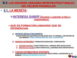 B.5. LAS GRANDES UNIDADES MORFOESTRUCTURALES
DEL RELIEVE PENINSULAR
• 5.1. LA MESETA:
INTERESA SABER (localizar y subrallar al libro o
esquematizar):
 QUE ES,FORMACIÓN,UNIDADES QUE SE
DIFERENCIAN:
a) ANTIGUO ZÓCALO PALEOZOICO:
CARACTERÍSTICAS,MATERIALES,RELIEVES QUE LO FORMAN y DEFINICIÓN DE
LOS MISMOS: PENILLANURAS,MONTES ISLA y GARGANTAS
b) SIERRAS INTERIORES: FORMACIÓN,ROQUEADO, COMPOSICIÓN:
a) SISTEMA CENTRAL:CARÁCTERÍSTICAS y SIERRAS MÁS DESTACADAS
b) MONTES DE TOLEDO:CARACTERÍSTICAS y SIERRRAS MÁS IMPORTANTES
c) CUENCAS SEDIMENTARIAS INTERIORES:
COMPOSICIÓN,FORMACIÓN,RELIEVES QUE RESULTARON y DEFINICIÓN de los
MISMOS: PARAMOS,CAMPIÑAS,CUESTAS
 