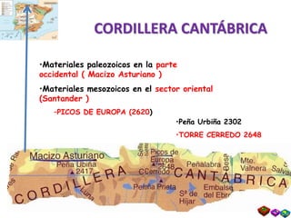 CORDILLERA CANTÁBRICA
•Peña Urbiña 2302
•TORRE CERREDO 2648
•Materiales paleozoicos en la parte
occidental ( Macizo Asturiano )
•Materiales mesozoicos en el sector oriental
(Santander )
–PICOS DE EUROPA (2620)
 