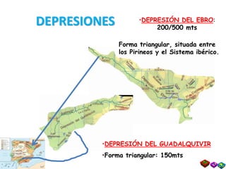 DEPRESIONES
•DEPRESIÓN DEL GUADALQUIVIR
•Forma triangular: 150mts
•DEPRESIÓN DEL EBRO:
200/500 mts
Forma triangular, situada entre
los Pirineos y el Sistema ibérico.
 