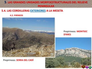 Prepirineos: SERRA DEL CADÍ
Prepirineos: MONTSEC
D’ARES
5.4. LAS CORDILLERAS EXTERIORES A LA MESETA
4.2. PIRINEOS
5. LAS GRANDES UNIDADES MORFOESTRUCTURALES DEL RELIEVE
PENINSULAR
 