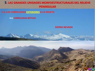 SIERRA NEVADA
5.4. LAS CORDILLERAS EXTERIORES A LA MESETA
4.4. CORDILLERAS BÉTICAS
5. LAS GRANDES UNIDADES MORFOESTRUCTURALES DEL RELIEVE
PENINSULAR
 