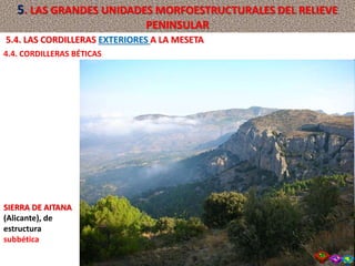 SIERRA DE AITANA
(Alicante), de
estructura
subbética
5.4. LAS CORDILLERAS EXTERIORES A LA MESETA
4.4. CORDILLERAS BÉTICAS
5. LAS GRANDES UNIDADES MORFOESTRUCTURALES DEL RELIEVE
PENINSULAR
 