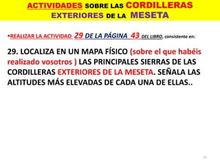 ACTIVIDADES SOBRE LAS CORDILLERAS
EXTERIORES DE LA MESETA
75
REALIZAR LA ACTIVIDAD 29 DE LA PÁGINA 43 DEL LIBRO, consistente en:
29. LOCALIZA EN UN MAPA FÍSICO (sobre el que habéis
realizado vosotros ) LAS PRINCIPALES SIERRAS DE LAS
CORDILLERAS EXTERIORES DE LA MESETA. SEÑALA LAS
ALTITUDES MÁS ELEVADAS DE CADA UNA DE ELLAS..
 