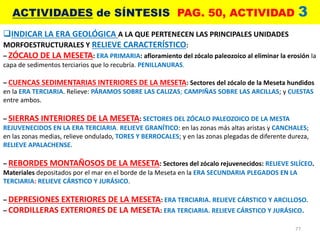 77
ACTIVIDADES de SÍNTESIS PAG. 50, ACTIVIDAD 3
INDICAR LA ERA GEOLÓGICA A LA QUE PERTENECEN LAS PRINCIPALES UNIDADES
MORFOESTRUCTURALES Y RELIEVE CARACTERÍSTICO:
– ZÓCALO DE LA MESETA: ERA PRIMARIA: afloramiento del zócalo paleozoico al eliminar la erosión la
capa de sedimentos terciarios que lo recubría. PENILLANURAS.
– CUENCAS SEDIMENTARIAS INTERIORES DE LA MESETA: Sectores del zócalo de la Meseta hundidos
en la ERA TERCIARIA. Relieve: PÁRAMOS SOBRE LAS CALIZAS; CAMPIÑAS SOBRE LAS ARCILLAS; y CUESTAS
entre ambos.
– SIERRAS INTERIORES DE LA MESETA: SECTORES DEL ZÓCALO PALEOZOICO DE LA MESTA
REJUVENECIDOS EN LA ERA TERCIARIA. RELIEVE GRANÍTICO: en las zonas más altas aristas y CANCHALES;
en las zonas medias, relieve ondulado, TORES Y BERROCALES; y en las zonas plegadas de diferente dureza,
RELIEVE APALACHENSE.
– REBORDES MONTAÑOSOS DE LA MESETA: Sectores del zócalo rejuvenecidos: RELIEVE SILÍCEO.
Materiales depositados por el mar en el borde de la Meseta en la ERA SECUNDARIA PLEGADOS EN LA
TERCIARIA: RELIEVE CÁRSTICO Y JURÁSICO.
– DEPRESIONES EXTERIORES DE LA MESETA: ERA TERCIARIA. RELIEVE CÁRSTICO Y ARCILLOSO.
– CORDILLERAS EXTERIORES DE LA MESETA: ERA TERCIARIA. RELIEVE CÁRSTICO Y JURÁSICO.
 