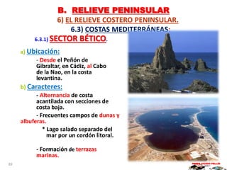 B. RELIEVE PENINSULAR
6) EL RELIEVE COSTERO PENINSULAR.
6.3) COSTAS MEDITERRÁNEAS:
6.3.1) SECTOR BÉTICO.
a) Ubicación:
- Desde el Peñón de
Gibraltar, en Cádiz, al Cabo
de la Nao, en la costa
levantina.
b) Caracteres:
- Alternancia de costa
acantilada con secciones de
costa baja.
- Frecuentes campos de dunas y
albuferas.
* Lago salado separado del
mar por un cordón litoral.
- Formación de terrazas
marinas.
MARIO VICEDO PELLÍN89
 