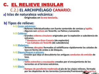 C. EL RELIEVE INSULAR
C.2.) EL ARCHIPIÉLAGO CANARIO:
a) Islas de naturaleza volcánica:
- Originadas en la era terciaria.
b) Tipos de relieve:
b.1) Conos volcánicos:
- Relieves individualizados con fuerte contenido de cenizas y lapillis.
- Algunos son activos en Tenerife, La Palma y Lanzarote.
b.2) Calderas:
- Grandes cráteres circulares originados por la explosión o subsidencia de
volcanes.
* Bandama en Gran Canaria (de explosión)
* Las Cañadas en Tenerife (de subsidencia)
b.3) Malpaíses:
- Terrenos abruptos formados al solidificarse rápidamente las coladas de
lava en forma de ondas o de bloques.
b.4) Diques/Roques o pitones:
- Erosión que deja al descubierto los antiguos conductos de emisión de
lava.
b.5) Barrancos:
- Valles estrechos y escarpados creados por el encajamiento de los
torrentes en el terreno volcánico.
b.6) Glacis:
- Rampas de pendiente moderada al pie de los viejos relieves, formada
por los depósitos de los torrentes (Lanzarote/Fuerteventura)MARIO VICEDO PELLÍN97
 
