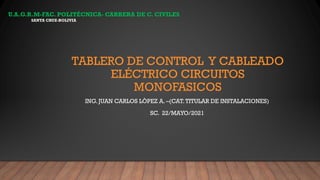 TABLERO DE CONTROL Y CABLEADO
ELÉCTRICO CIRCUITOS
MONOFASICOS
ING. JUAN CARLOS LÒPEZ A. –(CAT.TITULAR DE INSTALACIONES)
SC. 22/MAYO/2021
U.A.G.R.M-FAC. POLITÉCNICA- CARRERA DE C. CIVILES
SANTA CRUZ-BOLIVIA
 