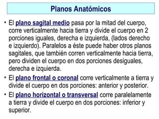 Planos AnatómicosPlanos Anatómicos
• El plano sagital medio pasa por la mitad del cuerpo,
corre verticalmente hacia tierra y divide el cuerpo en 2
porciones iguales, derecha e izquierda, (lados derecho
e izquierdo). Paralelos a éste puede haber otros planos
sagitales, que también corren verticalmente hacia tierra,
pero dividen el cuerpo en dos porciones desiguales,
derecha e izquierda.
• El plano frontal o coronal corre verticalmente a tierra y
divide el cuerpo en dos porciones: anterior y posterior.
• El plano horizontal o transversal corre paralelamente
a tierra y divide el cuerpo en dos porciones: inferior y
superior.
 