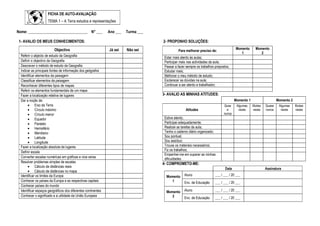 FICHA DE AUTO-AVALIAÇÃO
                     TEMA 1 – A Terra estudos e representações

Nome: _______________________________ N° ___                   Ano ___   Turma ___

 1- AVALIO OS MEUS CONHECIMENTOS:                                                    2- PROPONHO SOLUÇÕES:

                          Objectivo                            Já sei    Não sei                                                       Momento       Momento
                                                                                               Para melhorar preciso de:
                                                                                                                                          1             2
  Referir o abjecto de estudo da Geografia                                            Estar mais atento às aulas;
  Definir o objectivo da Geografia                                                    Participar mais nas actividades da aula;
  Descrever o método de estudo da Geografia                                           Passar a fazer sempre os trabalhos propostos;
  Indicar as principais fontes de informação dos geógrafos                            Estudar mais;
  Identificar elementos da paisagem                                                   Melhorar o meu método de estudo;
  Classificar elementos da paisagem                                                   Esclarecer as dúvidas na aula;
  Reconhecer diferentes tipos de mapas                                                Continuar a ser atento e trabalhador;
  Referir os elementos fundamentais de um mapa
  Fazer a localização relativa de lugares                                            3- AVALIO AS MINHAS ATITUDES:
  Dar a noção de:                                                                                                                      Momento 1                    Momento 2
       • Eixo da Terra                                                                                                         Quas     Algumas    Muitas   Quase    Algumas    Muitas
       • Círculo máximo                                                                             Atitudes                     e       vezes     vezes    nunca     vezes     vezes
       • Círculo menor                                                                                                         nunca
       • Equador                                                                      Estive atento;
       • Paralelo                                                                     Participei adequadamente;
       • Hemisfério                                                                   Realizei as tarefas da aula;
       • Meridiano                                                                    Tenho o caderno diário organizado;
       • Latitude                                                                     Sou pontual;
       • Longitude                                                                    Sou assíduo;
  Fazer a localização absoluta de lugares                                             Trouxe os materiais necessários;
                                                                                      Fiz os trabalhos;
  Definir escala
                                                                                      Empenhei-me em superar as minhas
  Converter escalas numéricas em gráficas e vice-versa                                dificuldades.
  Resolver problemas simples de escalas                                              4- COMPROMETO-ME:
       • Cálculo de distâncias reais
                                                                                                                                Data                        Assinatura
       • Cálculo de distâncias no mapa
  Identificar os limites da Europa                                                     Momento     Aluno                 ___ / ___ / 20 ___
  Conhecer os países da Europa e as respectivas capitais                                  1        Enc. de Educação      ___ / ___ / 20 ___
  Conhecer países do mundo
  Identificar espaços geográficos dos diferentes continentes                           Momento     Aluno                 ___ / ___ / 20 ___
  Conhecer o significado e a utilidade da União Europeia                                  2        Enc. de Educação      ___ / ___ / 20 ___
 