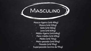 Mosca-ligeiro (até 49kg)
• Mosca (até 52kg)
• Galo (até 56kg)
• Leve (até 60kg)
• Médio-ligeiro (até 64kg)
• Meio-médio (até 69kg)
• Médio (até 75kg)
• Meio-pesado (até 81kg)
• Pesado (até 91kg)
• Superpesado (acima de 91kg)
Masculino
 