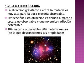 1.2 LA MATERIA OSCURA La atracción gravitatoria entre la materia es muy alta para la poca materia observable. Explicación: Esta atracción es debida a  materia oscura  no observable y que no emite radiación detectable. 10% materia observable- 90% materia oscura (de la que desconocemos sus propiedades) 