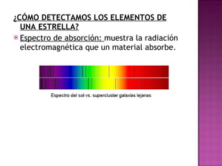 ¿CÓMO DETECTAMOS LOS ELEMENTOS DE UNA ESTRELLA? Espectro de absorción:  muestra la radiación electromagnética que un material absorbe. 