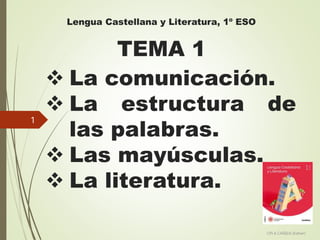 TEMA 1
Lengua Castellana y Literatura, 1º ESO
 La comunicación.
 La estructura de
las palabras.
 Las mayúsculas.
 La literatura.
CPI A CAÑIZA (Esther)
1
 