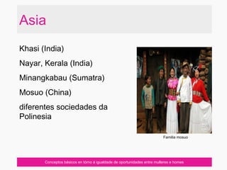 Asia
Khasi (India)
Nayar, Kerala (India)
Minangkabau (Sumatra)
Mosuo (China)
diferentes sociedades da
Polinesia
Conceptos básicos en tórno á igualdade de oportunidades entre mulleres e homes
Familia mosuo
 