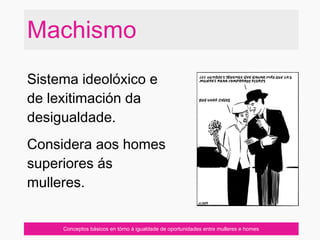 Conceptos básicos en tórno á igualdade de oportunidades entre mulleres e homes
Sistema ideolóxico e
de lexitimación da
desigualdade.
Considera aos homes
superiores ás
mulleres.
Machismo
 