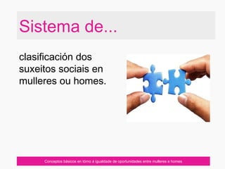 Conceptos básicos en tórno á igualdade de oportunidades entre mulleres e homes
Sistema de...
clasificación dos
suxeitos sociais en
mulleres ou homes.
 