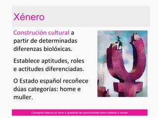 Conceptos básicos en tórno á igualdade de oportunidades entre mulleres e homes
Xénero
Construción cultural a
partir de determinadas
diferenzas biolóxicas.
Establece aptitudes, roles
e actitudes diferenciadas.
O Estado español recoñece
dúas categorías: home e
muller.
 