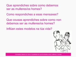Conceptos básicos en tórno á igualdade de oportunidades entre mulleres e homes
Que aprendiches sobre como debemos
ser as mulleres/os homes?
Como respondiches a esas mensaxes?
Que cousas aprendiches sobre como non
debemos ser as mulleres/os homes?
Inflúen estes modelos na túa vida?
 