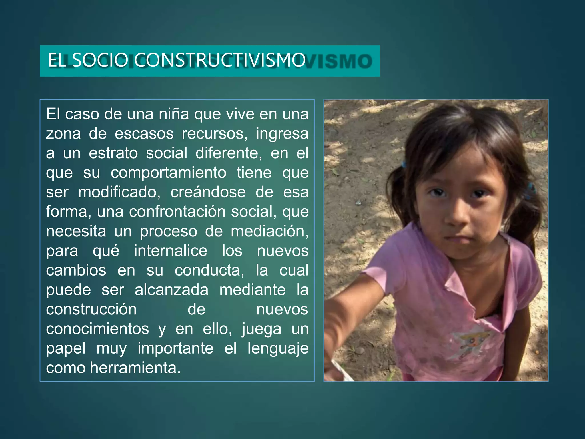 EL SOCIO CONSTRUCTIVISMO
El caso de una niña que vive en una
zona de escasos recursos, ingresa
a un estrato social diferente, en el
que su comportamiento tiene que
ser modificado, creándose de esa
forma, una confrontación social, que
necesita un proceso de mediación,
para qué internalice los nuevos
cambios en su conducta, la cual
puede ser alcanzada mediante la
construcción de nuevos
conocimientos y en ello, juega un
papel muy importante el lenguaje
como herramienta.
 