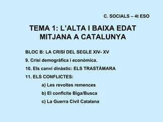 C. SOCIALS – 4t ESO

TEMA 1: L’ALTA I BAIXA EDAT
MITJANA A CATALUNYA
BLOC B: LA CRISI DEL SEGLE XIV- XV
9. Crisi demogràfica i econòmica.
10. Els canvi dinàstic: ELS TRASTÀMARA
11. ELS CONFLICTES:
a) Les revoltes remences
b) El conflcite Biga/Busca
c) La Guerra Civil Catalana

 