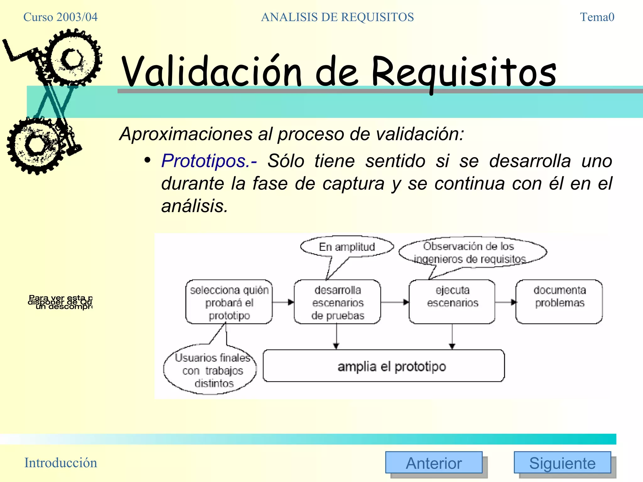 Validación de Requisitos Aproximaciones al proceso de validación: Prototipos.-  Sólo tiene sentido si se desarrolla uno durante la fase de captura y se continua con él en el análisis. 
