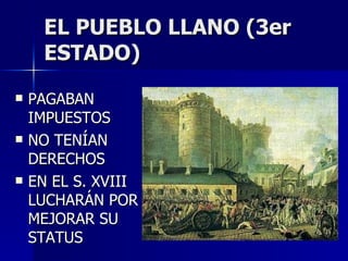 EL PUEBLO LLANO (3er ESTADO) PAGABAN IMPUESTOS NO TENÍAN DERECHOS EN EL S. XVIII LUCHARÁN POR MEJORAR SU STATUS 