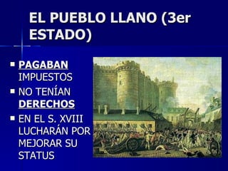 EL PUEBLO LLANO (3er ESTADO) PAGABAN  IMPUESTOS NO TENÍAN  DERECHOS EN EL S. XVIII LUCHARÁN POR MEJORAR SU STATUS 