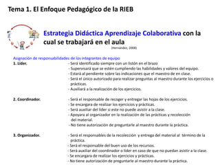Tema 1. El Enfoque Pedagógico de la RIEB


                   Estrategia Didáctica Aprendizaje Colaborativa con la
                   cual se trabajará en el aula
                                                          (Hernández, 2008)


 Asignación de responsabilidades de los integrantes de equipo
 1. Líder.                     - Será identificado siempre con un listón en el brazo
                               - Supervisará que se estén cumpliendo las habilidades y valores del equipo.
                               - Estará al pendiente sobre las indicaciones que el maestro de en clase.
                               - Será el único autorizado para realizar preguntas al maestro durante los ejercicios o
                                 prácticas.
                               - Auxiliará a la realización de los ejercicios.

 2. Coordinador.                - Será el responsable de recoger y entregar las hojas de los ejercicios.
                                - Se encargara de realizar los ejercicios y prácticas.
                                - Será auxiliar del líder si este no puede asistir a la clase.
                                - Apoyara al organizador en la realización de las prácticas y recolección
                                  del material.
                                - No tiene autorización de preguntarle al maestro durante la práctica.

 3. Organizador.                - Será el responsables de la recolección y entrega del material al término de la
                                  práctica.
                                - Será el responsable del buen uso de los recursos.
                                - Será auxiliar del coordinador o líder en caso de que no puedan asistir a la clase.
                                - Se encargara de realizar los ejercicios y prácticas.
                                - No tiene autorización de preguntarle al maestro durante la práctica.
 