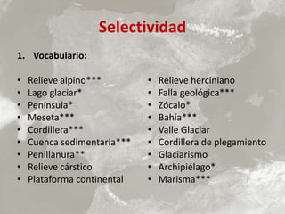Selectividad
1. Vocabulario:
• Relieve alpino***
• Lago glaciar*
• Península*
• Meseta***
• Cordillera***
• Cuenca sedimentaria***
• Penillanura**
• Relieve cárstico
• Plataforma continental
• Relieve herciniano
• Falla geológica***
• Zócalo*
• Bahía***
• Valle Glaciar
• Cordillera de plegamiento
• Glaciarismo
• Archipiélago*
• Marisma***
 