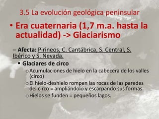 3.5 La evolución geológica peninsular
• Era cuaternaria (1,7 m.a. hasta la
actualidad) -> Glaciarismo
– Afecta: Pirineos, C. Cantábrica, S. Central, S.
Ibérico y S. Nevada.
 Glaciares de circo
oAcumulaciones de hielo en la cabecera de los valles
(circo)
oEl hielo-deshielo rompen las rocas de las paredes
del circo = ampliándolo y escarpando sus formas
oHielos se funden = pequeños lagos.
 