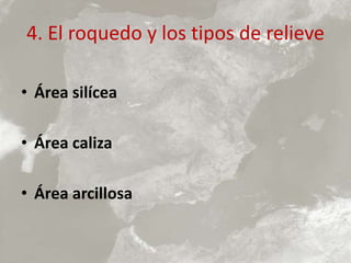 4. El roquedo y los tipos de relieve
• Área silícea
• Área caliza
• Área arcillosa
 