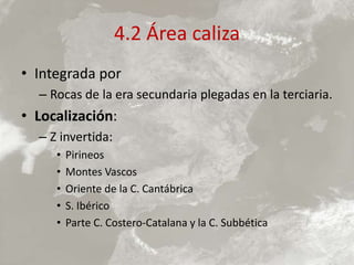 4.2 Área caliza
• Integrada por
– Rocas de la era secundaria plegadas en la terciaria.
• Localización:
– Z invertida:
• Pirineos
• Montes Vascos
• Oriente de la C. Cantábrica
• S. Ibérico
• Parte C. Costero-Catalana y la C. Subbética
 