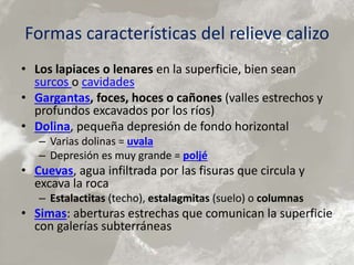 Formas características del relieve calizo
• Los lapiaces o lenares en la superficie, bien sean
surcos o cavidades
• Gargantas, foces, hoces o cañones (valles estrechos y
profundos excavados por los ríos)
• Dolina, pequeña depresión de fondo horizontal
– Varias dolinas = uvala
– Depresión es muy grande = poljé
• Cuevas, agua infiltrada por las fisuras que circula y
excava la roca
– Estalactitas (techo), estalagmitas (suelo) o columnas
• Simas: aberturas estrechas que comunican la superficie
con galerías subterráneas
 