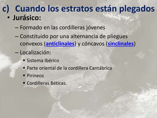 c) Cuando los estratos están plegados
• Jurásico:
– Formado en las cordilleras jóvenes
– Constituido por una alternancia de pliegues
convexos (anticlinales) y cóncavos (sinclinales)
– Localización:
 Sistema Ibérico
 Parte oriental de la cordillera Cantábrica
 Pirineos
 Cordilleras Béticas.
 